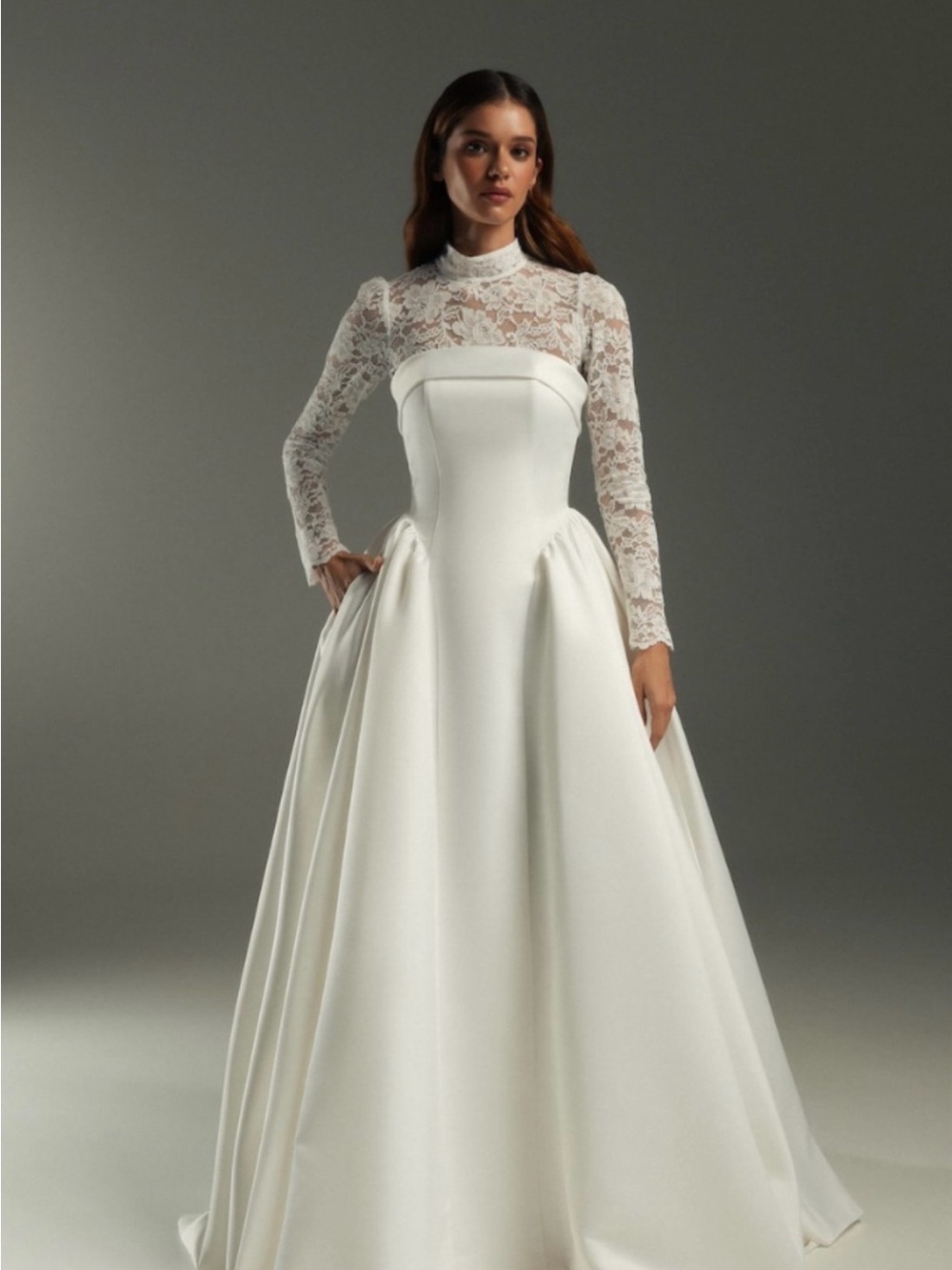 Elegant White Lace-Sleeve Ball Gown Dress